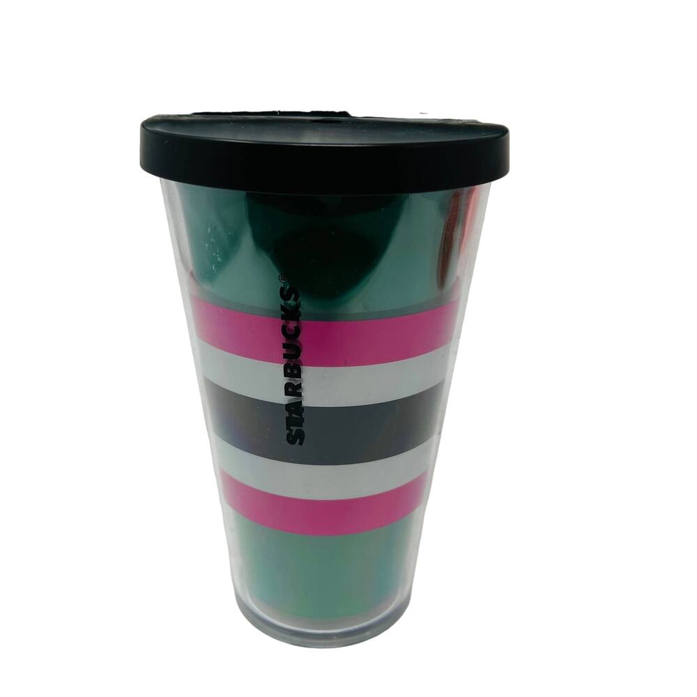 NEW! Starbucks Cold Tumbler Pink Green Black Stripe 16 oz